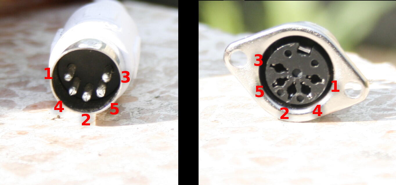 MIDI plug and jack with pin numbers