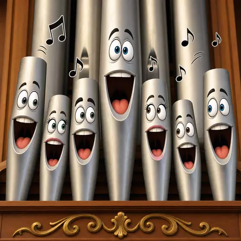 Singing cartoon organ pipes with faces