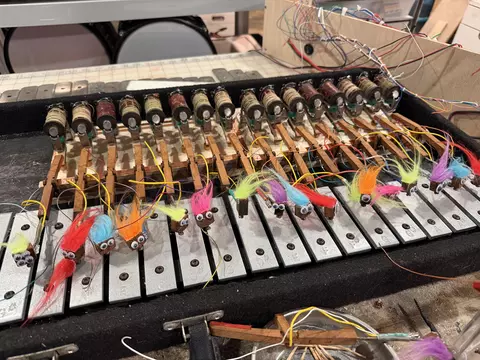 Glockenbox work in progress showing a set of hammers and bars