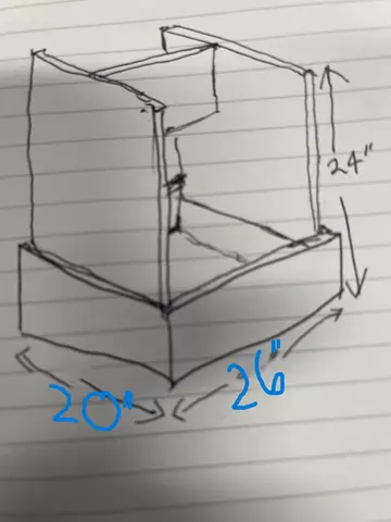 Line drawing of an organ case with dimensions