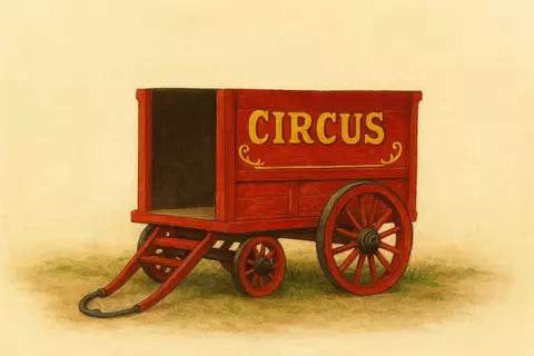 A red old-fashioned wagon with the word Circus on the side