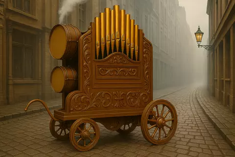 Conceptual image of a street organ drawn by AI
