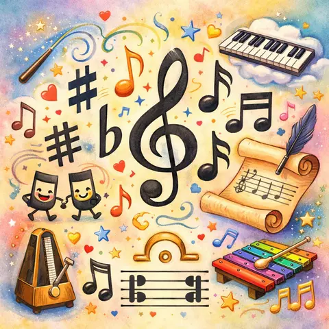 Colorful music collage with treble clef, notes, piano keys, and instruments