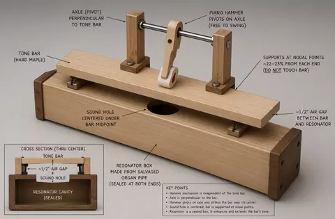 Annotated photo of a wooden tone bar concept with label callouts