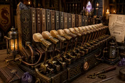 Steampunk-style machine with brass cylinders and keys in a candlelit workshop