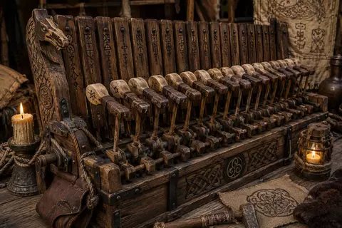 Antique wooden keyboard-like machine on a table, lit by candles in a rustic room.