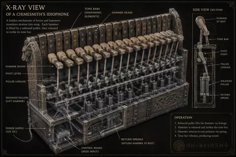 Annotated X-ray style diagram of a calculating engine in sepia tones