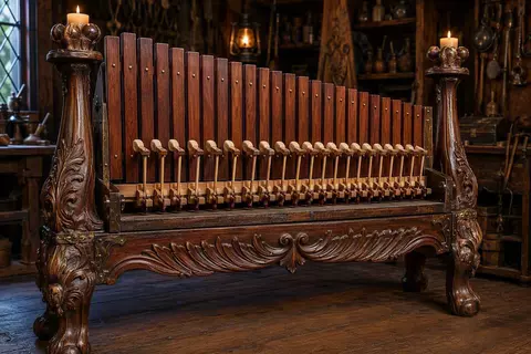 Ornate carved wooden xylophone machine in a dim fantasy interior.