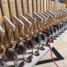 the inside action of the lignoutron including the hammers, actuators, and tone bars